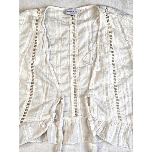 Harper & Me Womens Open Front Wrap Top White Striped Ruffle Hem - Picture 3 of 8